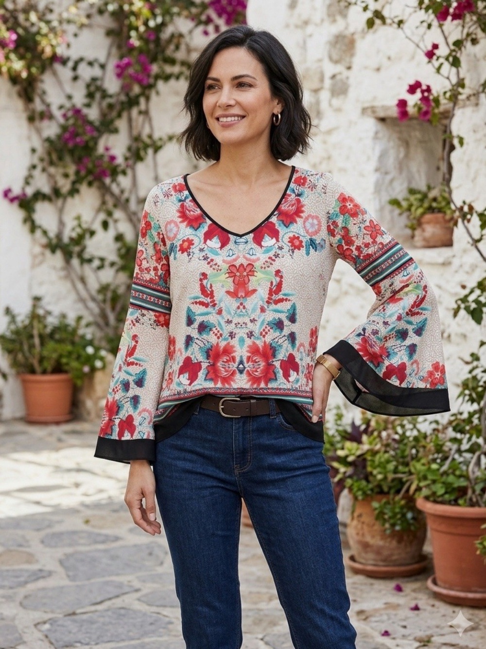 Bisou Bisou Top Women’s XL White Red Floral Blouse Bell Sleeve Peasant Boho